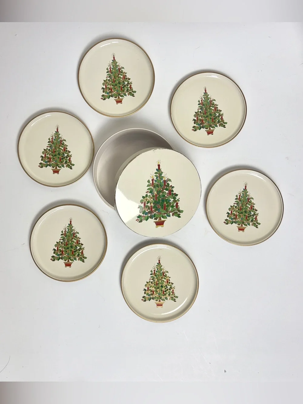 Vintage 1970’s Otagiri Christmas Tree Coasters Laquerware Set of 6